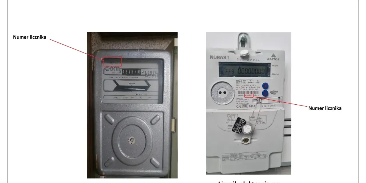 Na zdjęciu widoczne są dwa liczniki prądu: indukcyjny i elektroniczny. Na obu zaznaczono, gdzie znajduje się numer licznika.