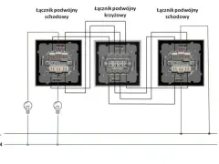 Schemat instalacji oświetlenia schodowego z użyciem łącznika podwójnego schodowego i krzyżowego.