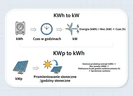 Schemat wyjaśnia zależności między kWh a kW oraz KWp a kWh, pokazując jak moc panelu słonecznego (KWp) przekłada się na produkcję energii.