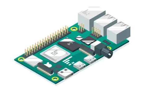 Płytka drukowana z portami USB, złączami i układem scalonym. Widoczny jest również pin header, który może służyć do komunikacji przez uart.