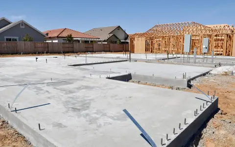 Fundamenty domów w budowie, widać chudy beton i zbrojenia.