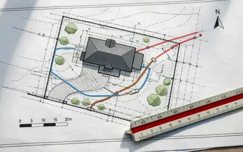 Plan zagospodarowania terenu z domem, drzewami i zaznaczonymi instalacjami. Pzt co to za projekt? Skala i linijka pomagają w analizie.