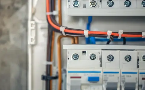 Wnętrze puszki elektrycznej z przewodami i wyłącznikami.