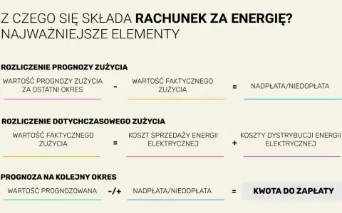 Rozliczenie rachunku za energię: prognoza, zużycie, koszty sprzedaży i dystrybucji energii elektrycznej, nadpłata/niedopłata, kwota do zapłaty.