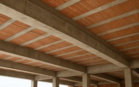 Widok od dołu na betonowy strop z pustakami ceramicznymi, tworzący solidną konstrukcję.