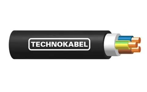 Przekrój kabla n2xh z widocznymi żyłami w izolacjach: niebieskiej, żółto-zielonej i brązowej. Logo "TECHNOKABEL".
