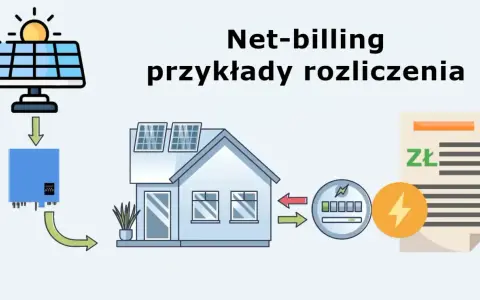 Schemat ilustruje system net-billing: panele słoneczne, falownik, dom, licznik energii i rachunek.
