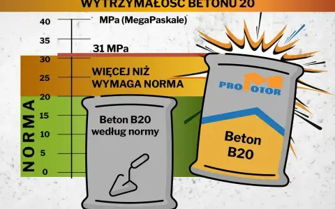 Worek z napisem "Beton B20" i grafika przedstawiająca wytrzymałość betonu. Ten suchy beton przewyższa normę.