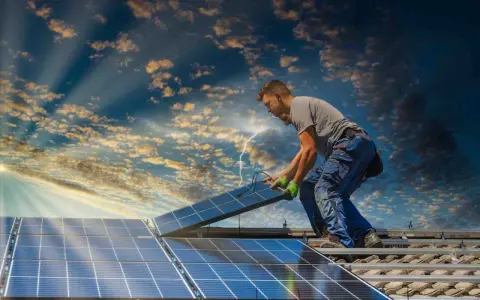 Instalator montuje panele słoneczne na dachu, przygotowując dom do systemu net metering. Słońce przebija się przez chmury.