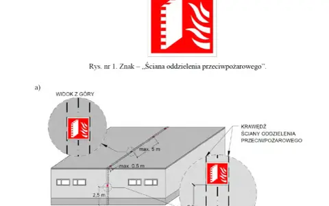 Schemat przedstawia rozmieszczenie znaku "ściana oddzielenia przeciwpożarowego" na budynku. Ogniomur jest kluczowy dla bezpieczeństwa.
