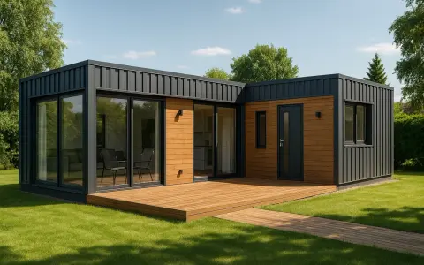 Nowoczesny dom z kontenerów 100m2 cena. Drewniana elewacja, duże okna, taras. Idealny na działkę.