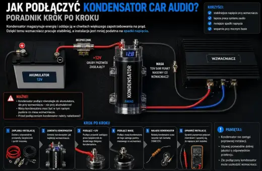 Jak podłączyć kondensator car audio: schemat krok po kroku pokazuje połączenie z akumulatorem, bezpiecznikiem i wzmacniaczem.