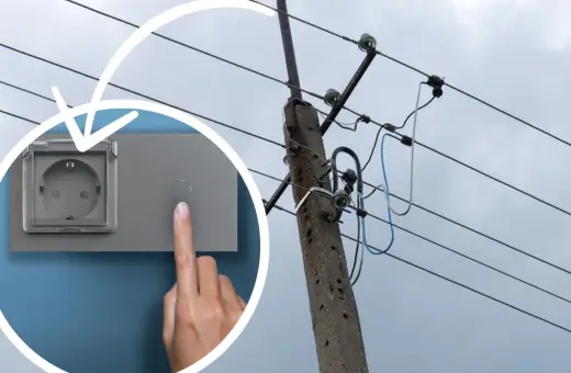 Dłoń naciska przycisk obok gniazdka, sugerując nowoczesną instalację elektryczną.