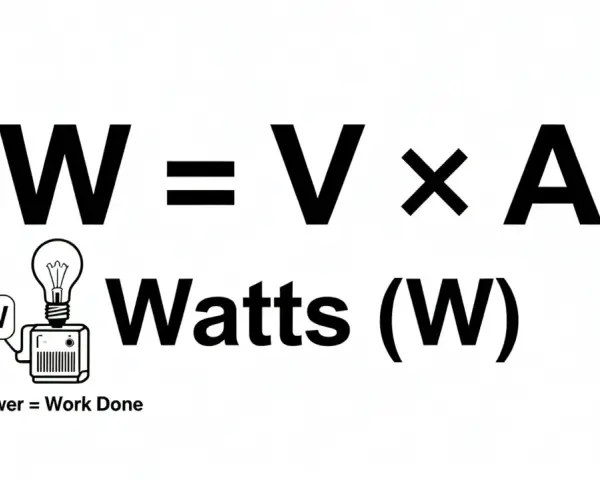 W = V x A. Moc (W) to iloczyn napięcia (V) i natężenia (A). Obok żarówka 100W.