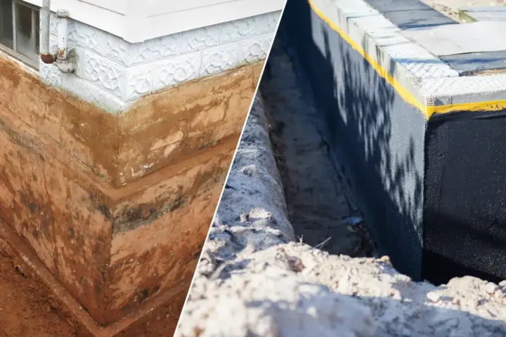 Porównanie starych, odsłoniętych ścian fundamentowych z nowo izolowanymi, czarnymi ścianami fundamentowymi.