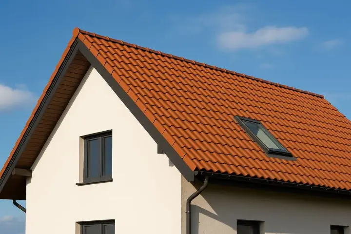 Nowy, czerwony dach dwuspadowy z dachówką ceramiczną i oknem połaciowym, lśniącym w słońcu.