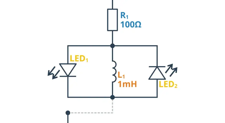 Schemat elektryczny z rezystorem 100Ω, dwoma diodami LED i dławikiem L1 1mH, podłączonymi do źródła 9V i masy.