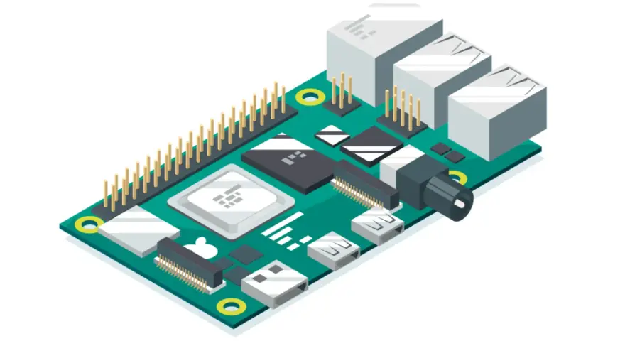 Płytka drukowana z portami USB, złączami i układem scalonym. Widoczny jest również pin header, który może służyć do komunikacji przez uart.