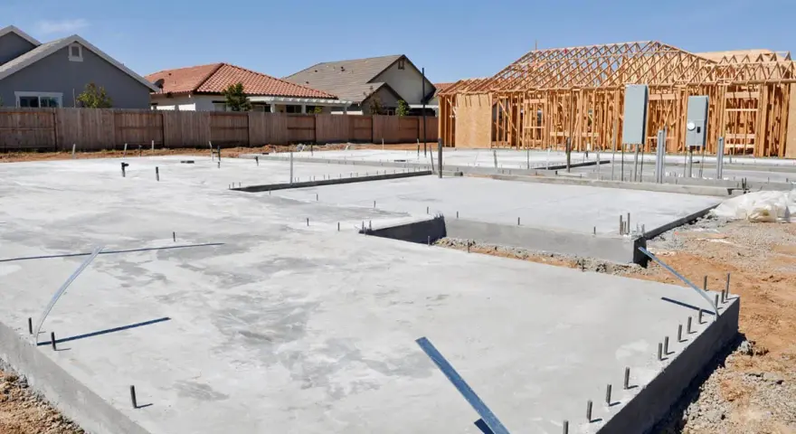 Fundamenty domów w budowie, widać chudy beton i zbrojenia.