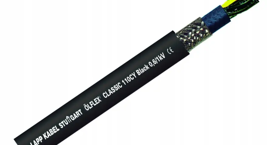 Czarny kabel ÖLFLEX CLASSIC 110CY z oplotem, widoczne żyły w izolacji. LAPP KABEL STUTTGART.