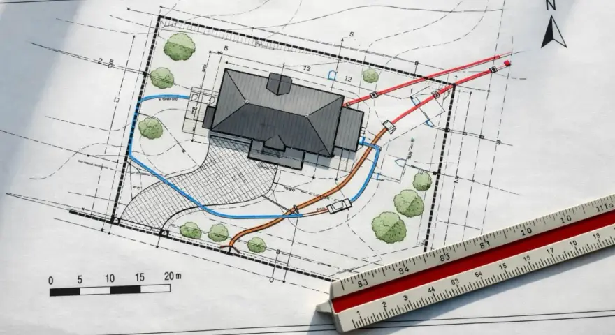 Plan zagospodarowania terenu z domem, drzewami i zaznaczonymi instalacjami. Pzt co to za projekt? Skala i linijka pomagają w analizie.
