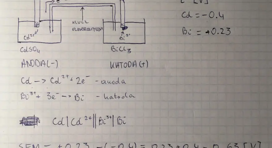 Schemat ogniwa galwanicznego: anoda Cd w CdSO₄, katoda Bi w BiCl₃. Obliczenia SEM.