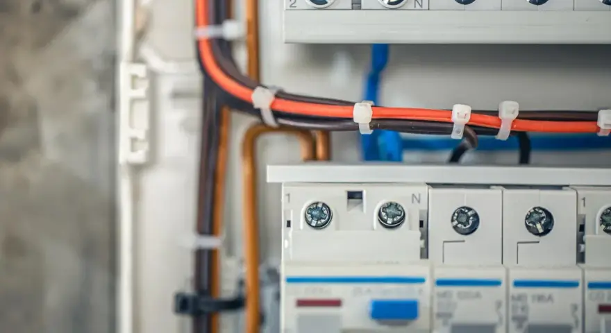 Wnętrze puszki elektrycznej z przewodami i wyłącznikami.