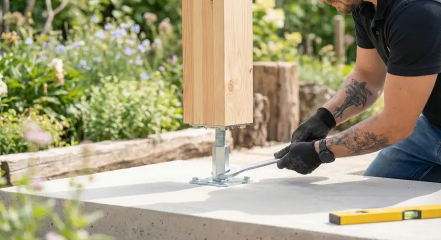 Mężczyzna dokręca kluczem mocowanie słupa drewnianego do podłoża tarasu. W tle kwitnące rośliny.