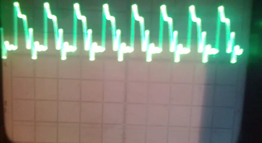 Zielone, kwadratowe fale na ekranie oscyloskopu, przypominające schody.
