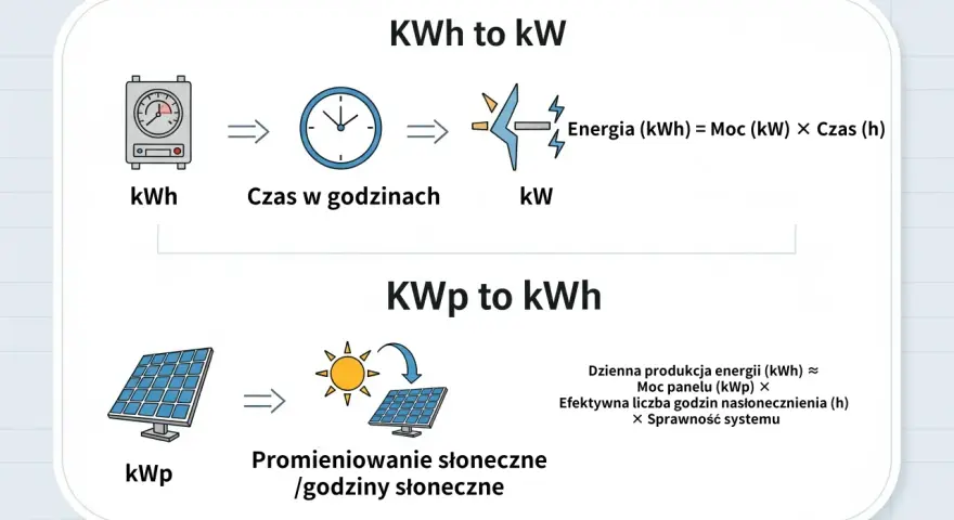 Schemat wyjaśnia zależności między kWh a kW oraz KWp a kWh, pokazując jak moc panelu słonecznego (KWp) przekłada się na produkcję energii.