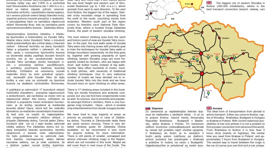 Mapa ukazuje sieć dróg i miast na Słowacji, z zaznaczonymi Tatrami Wysokimi i Koszycami. W tle widać fragment tekstu o wspinaczce i układ scalony.