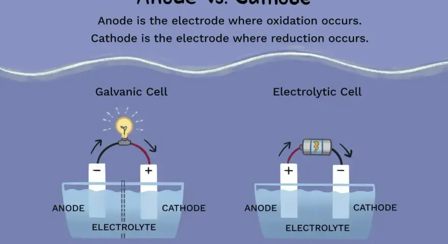 Ilustracja porównuje ogniwo galwaniczne i elektrolityczne, pokazując, gdzie znajduje się anoda i katoda w każdym z nich.