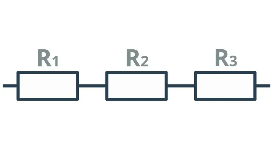 Schemat obwodu elektrycznego: trzy rezystory R1, R2, R3 połączone szeregowo.