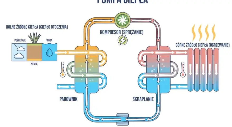 Schemat pompy ciepła: dolne źródło (powietrze, woda, ziemia) ogrzewa dom 150m2 przez parownik, kompresor i skraplacz.