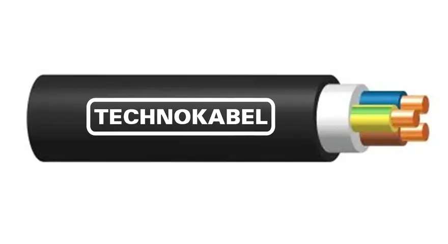 Przekrój kabla n2xh z widocznymi żyłami w izolacjach: niebieskiej, żółto-zielonej i brązowej. Logo "TECHNOKABEL".
