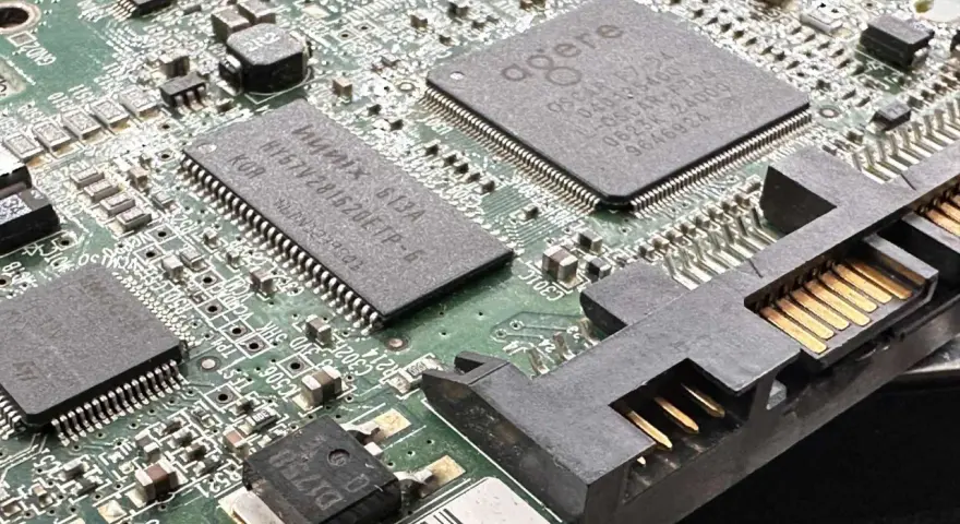 Zbliżenie na płytkę drukowaną (PCB), gdzie widać układy scalone i złącza. To jest właśnie pcb co to jest – serce elektroniki.