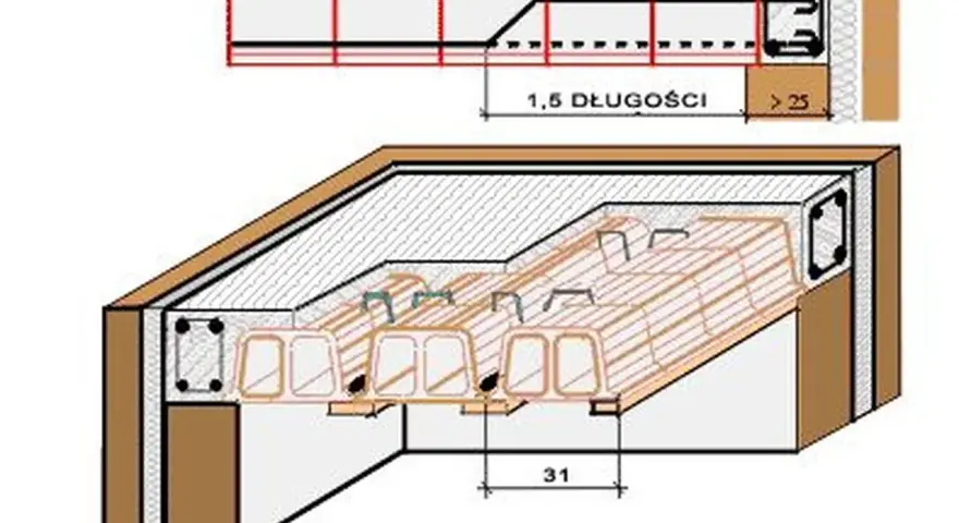 Schemat stropu Ackermana z pustakami ceramicznymi i zbrojeniem. Widok przekroju i perspektywy.