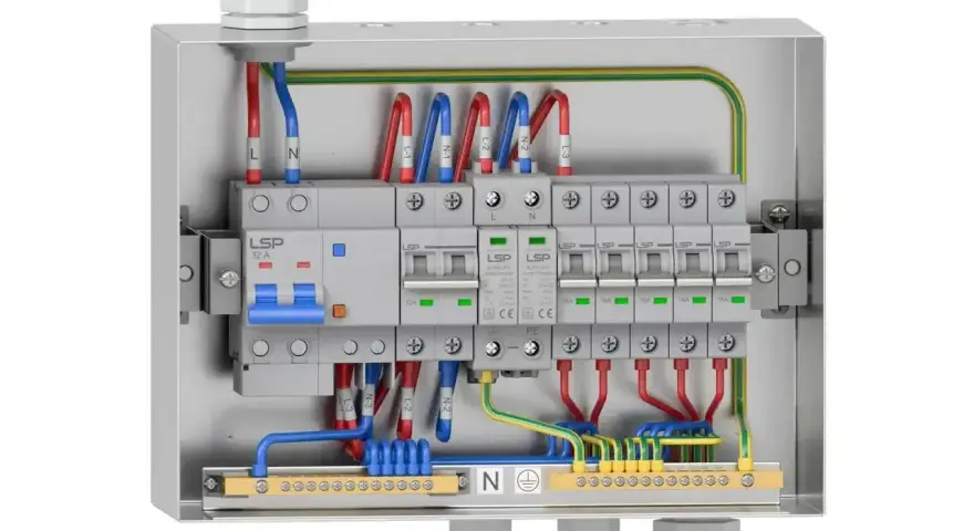Wnętrze metalowej skrzynki elektrycznej z wyłącznikami i przewodami. Widać instalację rbk z bezpiecznikami i listwami zaciskowymi.