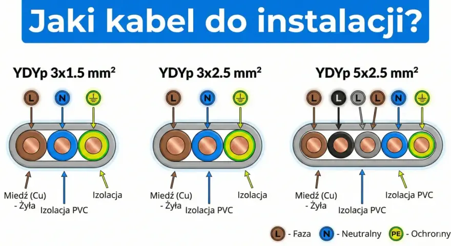 Przekroje kabli YDYp 3x1.5, 3x2.5 i 5x2.5 mm² z żyłami miedzianymi i izolacją PVC. Wybór odpowiedniego ydy.