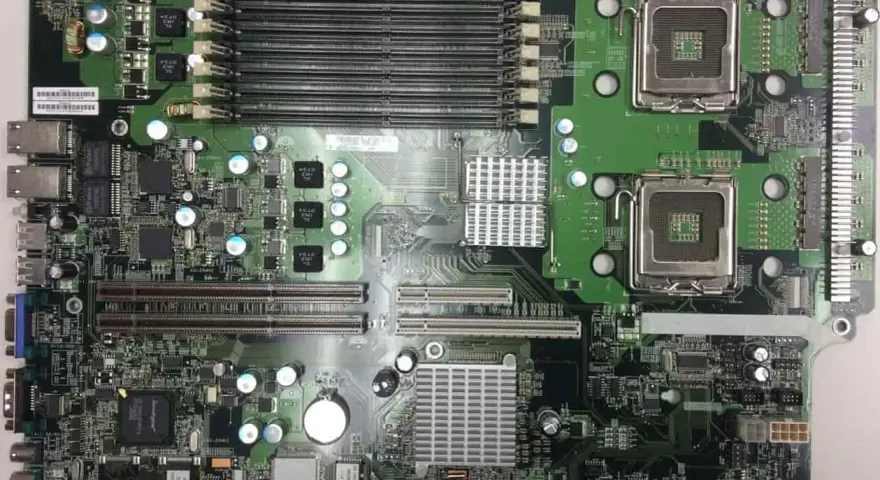 Zielona płyta główna pcb z dwoma gniazdami procesora, slotami RAM i licznymi komponentami elektronicznymi.