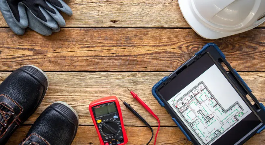 Narzędzia elektryka: rękawice, kask, multimetr, tablet z planem instalacji elektrycznej i schematem dopuszczalna impedancja pętli zwarcia tabela.