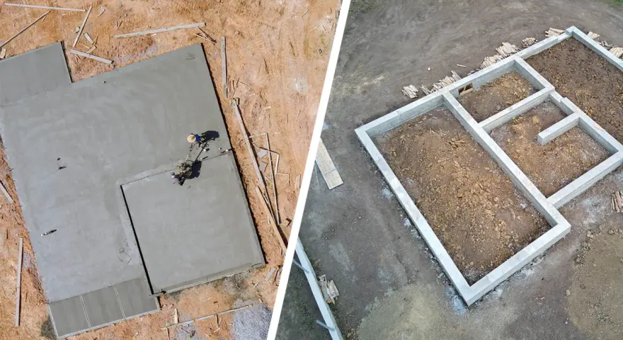 Dwie fazy budowy: wylewanie płyty fundamentowej i gotowe ławy fundamentowe.