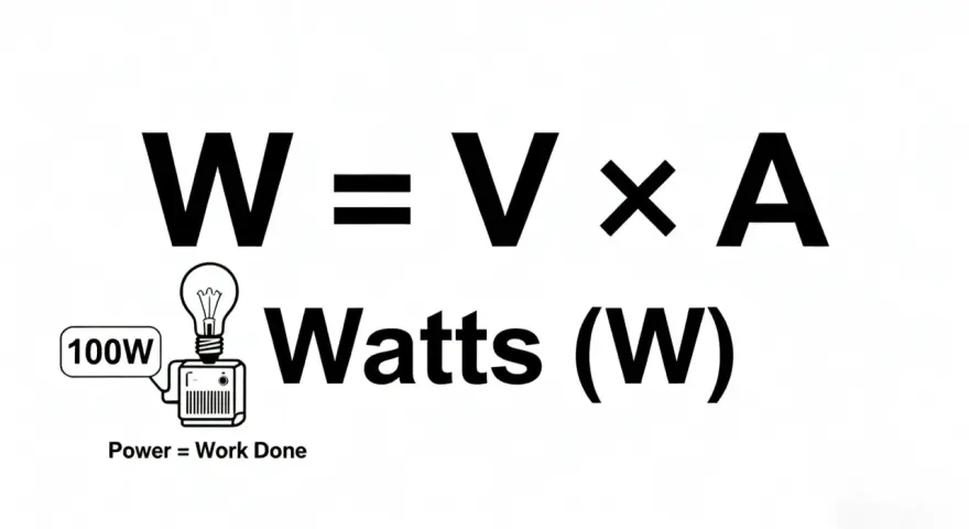W = V x A. Moc (W) to iloczyn napięcia (V) i natężenia (A). Obok żarówka 100W.