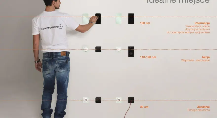 Mężczyzna pokazuje na jakiej wysokości gniazdka są idealne: 150 cm dla informacji, 110-120 cm dla akcji, 30 cm dla zasilania.