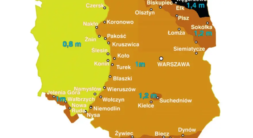 Mapa Polski z zaznaczoną strefą przemarzania gruntu. Wartości od 0,8 m do 1,4 m.