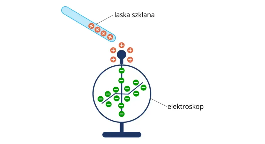 Szklana laska z ładunkami dodatnimi zbliża się do elektroskopu, powodując rozdzielenie ładunków w jego wnętrzu.