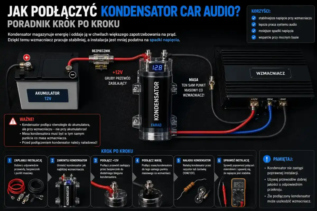 Jak podłączyć kondensator car audio: schemat krok po kroku pokazuje połączenie z akumulatorem, bezpiecznikiem i wzmacniaczem.