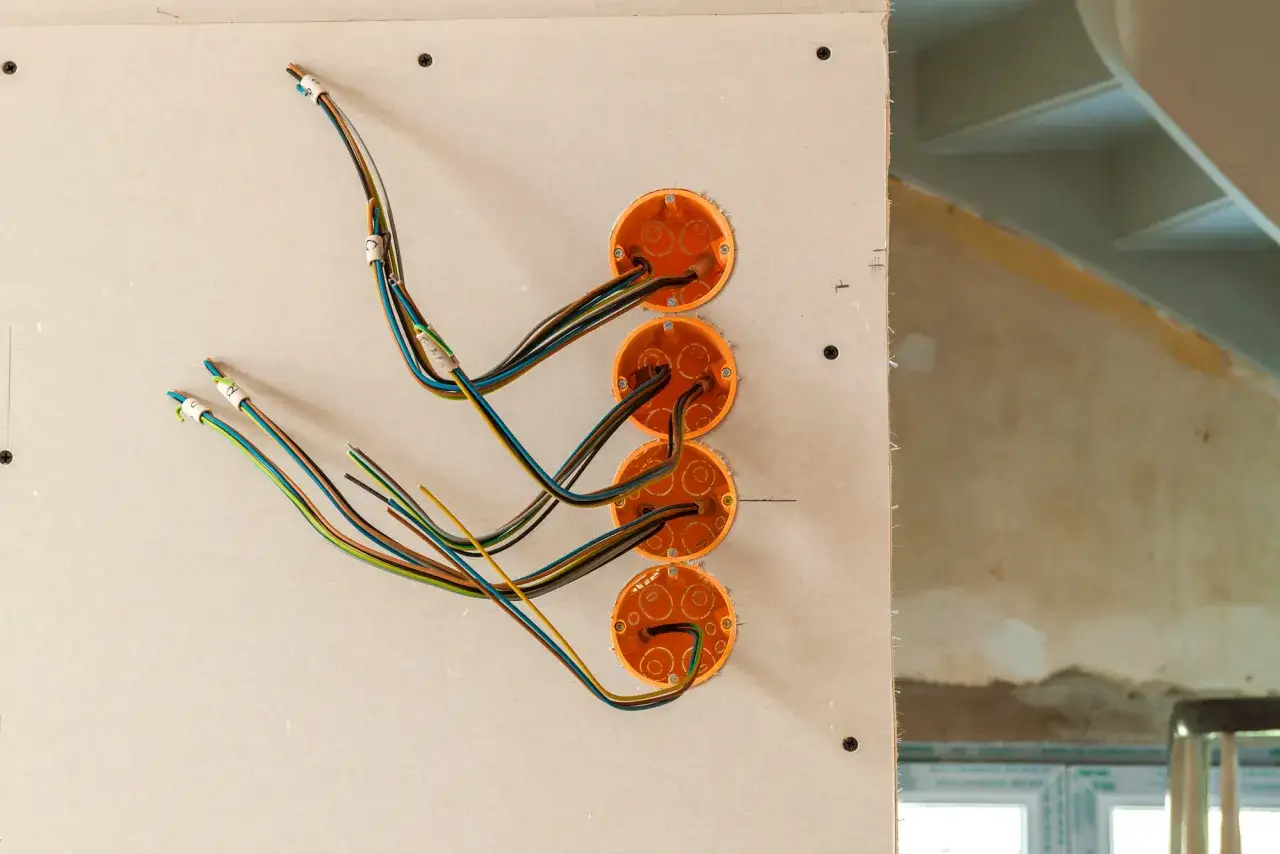 Instalacja elektryczna w trakcie budowy: pomarańczowe puszki i kolorowe przewody wychodzące z płyty gipsowo-kartonowej.